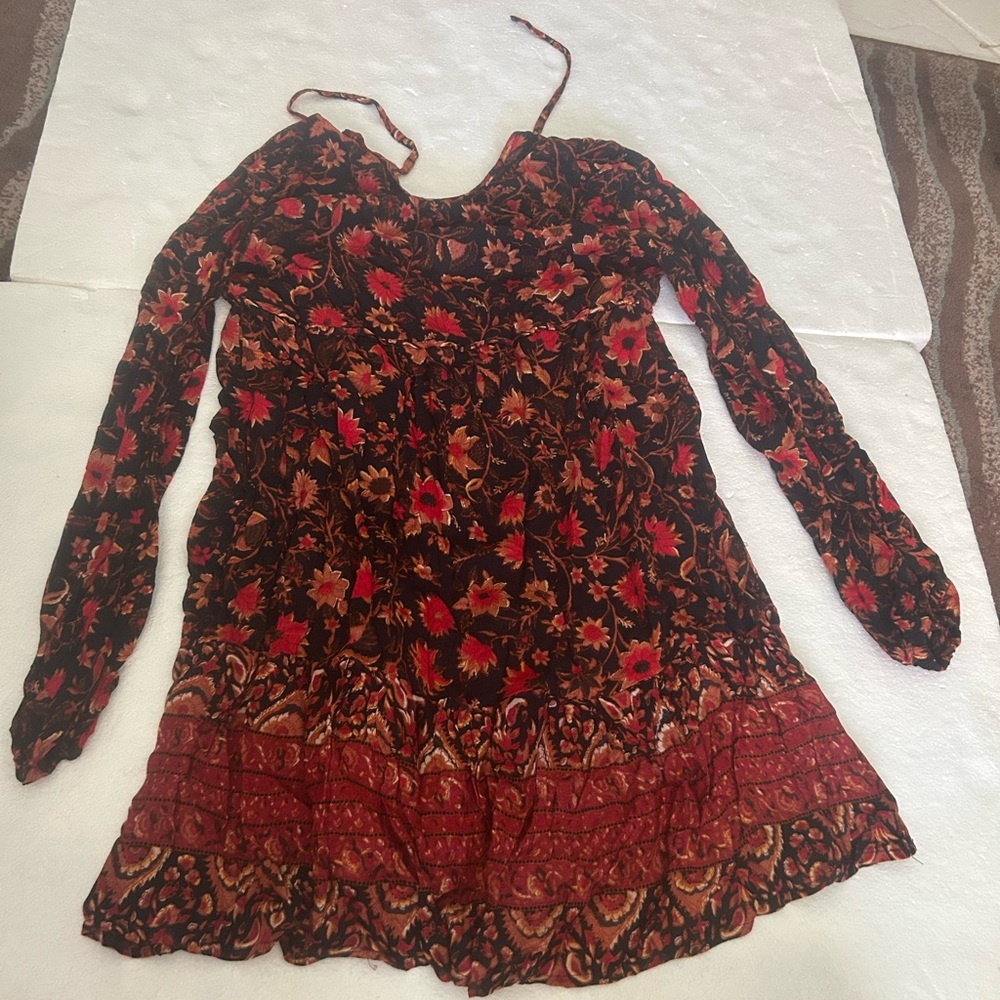 Billabong hearts desire slowly long sleeve mini dress black brown red floral - Picture 11 of 11
